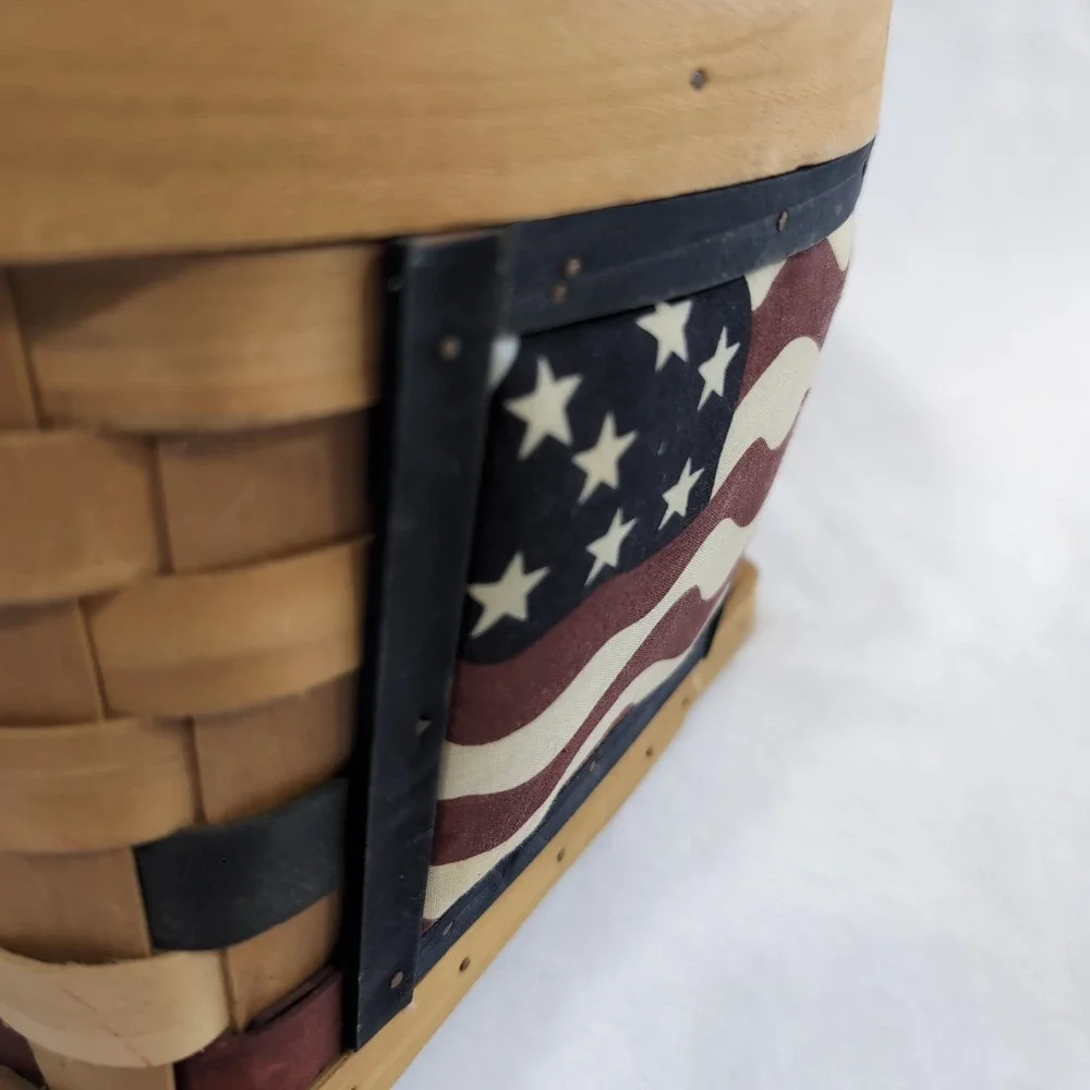 Vintage Americana Woven Wood Basket w/ Plush‎ American Flag Fabric Patriotic 4oJ